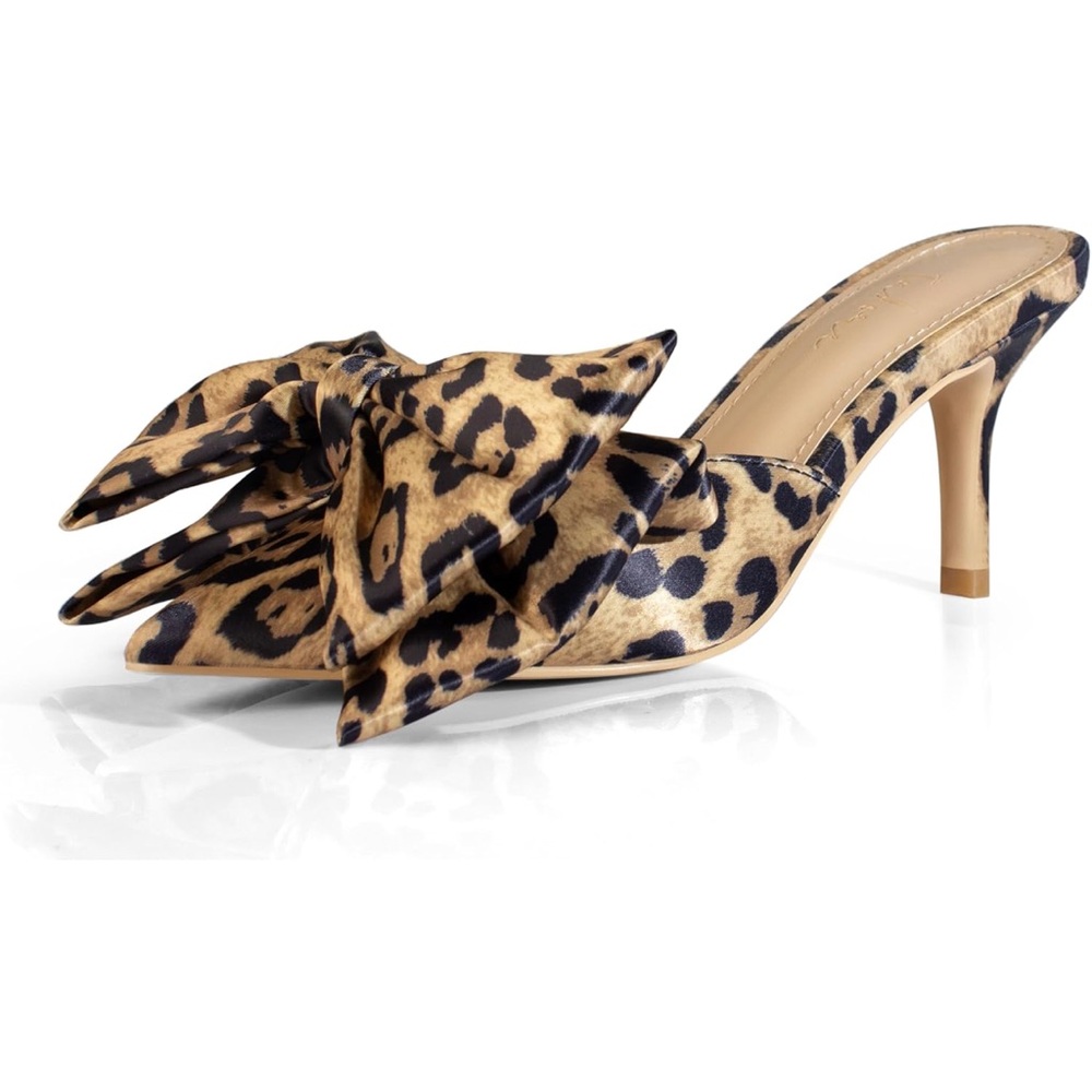 Leopard Print Oversized Bow Women's High Heel Sandals 3” Satin Closed Pointed